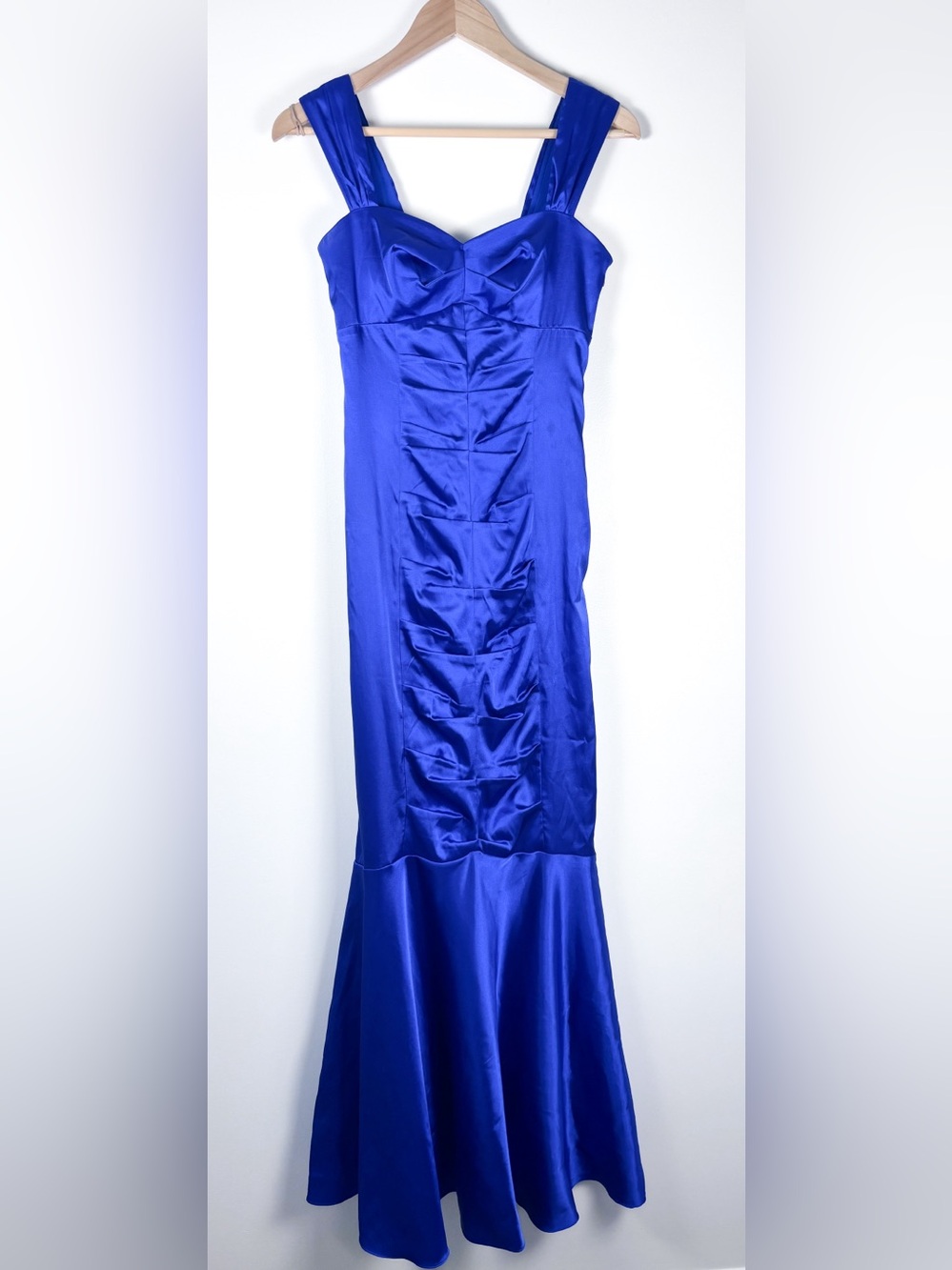 Morgan & Co Royal Blue Ruched Satin Mermaid Prom Formal Cocktail Gown Size Small